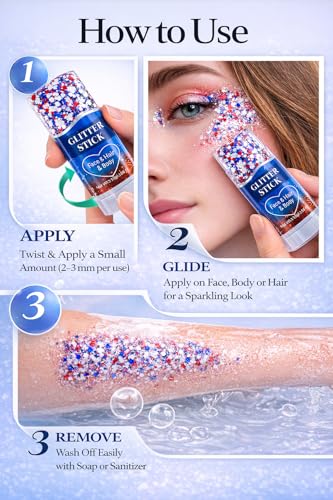 4th of July Red White & Blue Glitter Stick – Self-Adhesive Body Glitter