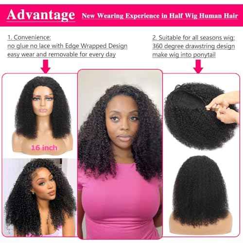 Kinky Curly Half Wig Human Hair 200% Density 3 In 1 Seamless Clip Ins Flip Over Half Wig Wear and Go Glueless Wigs Human Hair for Women Drawstring Headband Wig Beginner Friendly (Black, 18 Inch)