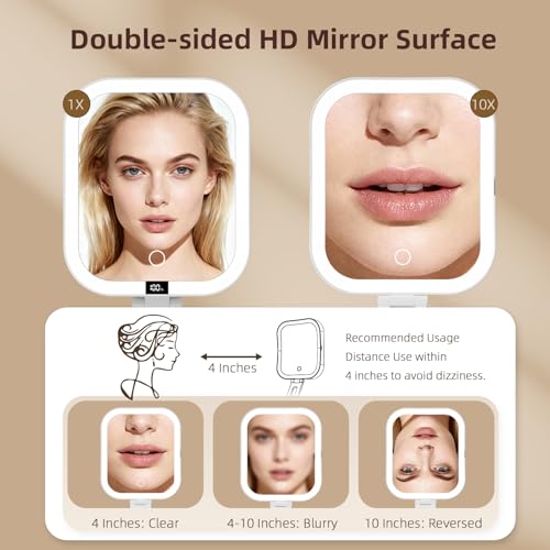 Travel Makeup Mirror with Lights, 1X/10X Magnification, Rechargeable