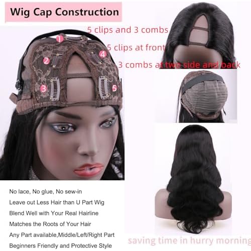 V Part Wig Human Hair Body Wave Upgrade U Part Human Hair Wig Beginner Friendly Clip In V Shape Wigs for Women Natural Black Color 16 Inch