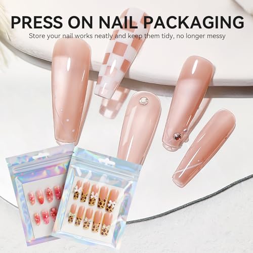 50 PCS Nails Packaging Bags with Nail Stand for Fake Nail, Holographic Press On Nail Storage Container Nail Art Kit for Diy Design,Nail Cardboards with 2 Double-sided Adhesive Tape Salon Home