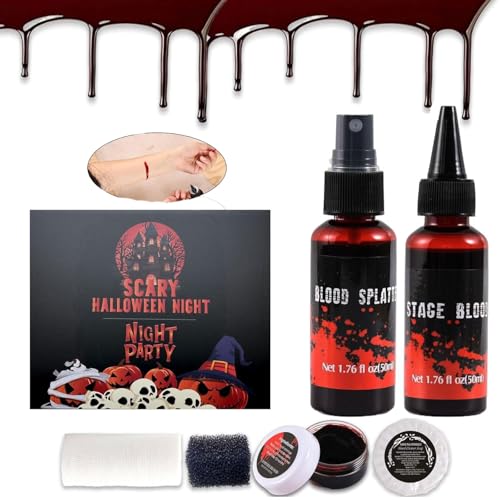 6PCS Halloween Fake Blood Makeup Kit£¬Washable for Scar Wound and Clothes Realistic Face Paint Wounds Costume Blood For Vampire, Zombie, Clown Cosplay Red£¬Stipple Sponge £¬ Cleansing Soap and Gauze
