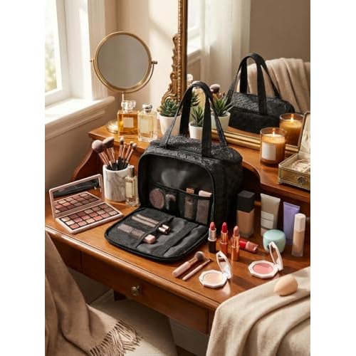 SMONT Hanging Toiletry Bag for Women, Large Waterproof Makeup Organizer with Hook, Travel Cosmetic Bag with Multiple Compartments for Gym, Swim, School, College Dorm Black
