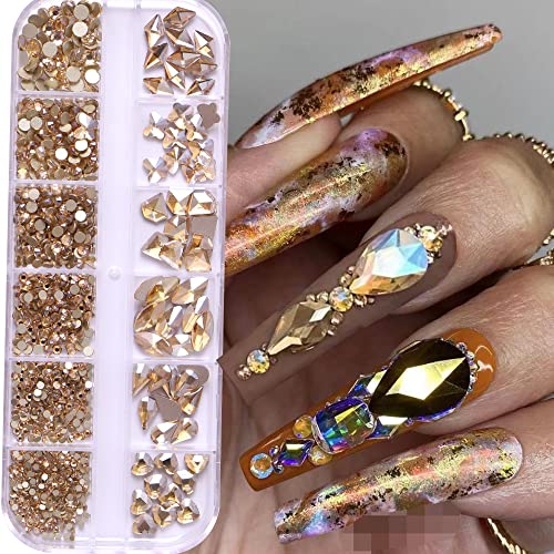 NAISKA 810Pcs Champagne Gold Crystal Nail Arts Rhinestones Round Beads Flatback Glass Gems Stones Multi Shapes Sizes Rhinestones Nail Crystals for Nail DIY Crafts