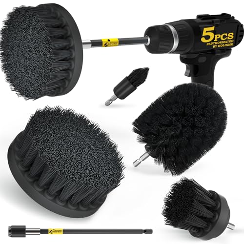 Holikme 6Pack Drill Brush Power Scrubber Cleaning Brush Extended Long Attachment Set All Purpose Drill Scrub Brushes Kit for Grout, Floor, Tub, Shower, Tile, Bathroom Black