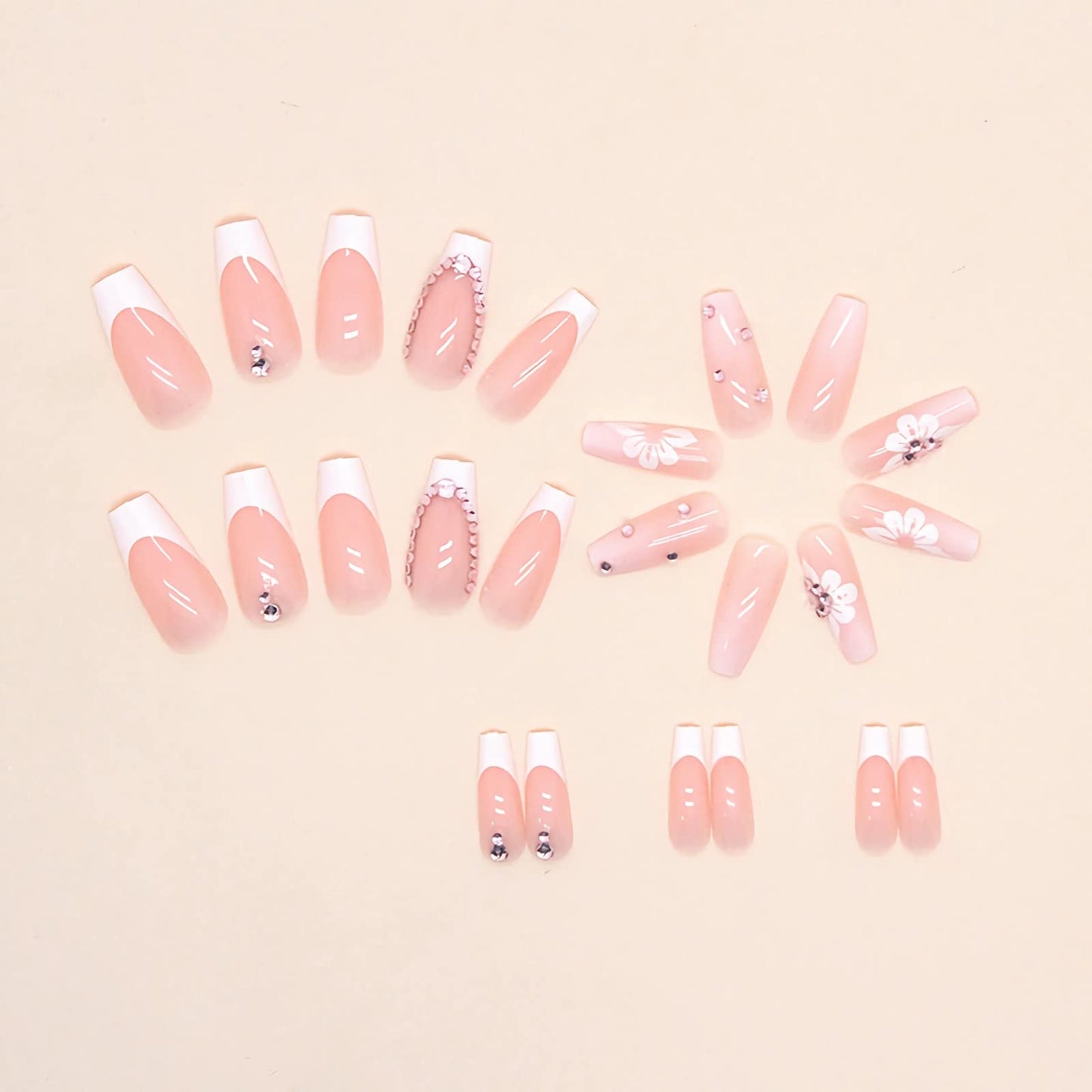 BABALAL Coffin Press on Nails Long Fake Nails White French Tip Glue on Nails Pink Rhinestone Acrylic Nails Flower Ballerina Spring Stick on Nails for Women and Girls 24Pcs