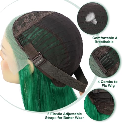 Dark Green Lace Front Wig 13x3 Synthetic Lace Front Wigs Loose Curly for Women 24 Inch Long Wavy Daily Party Use Body Wave Heat Resistant 150% Density