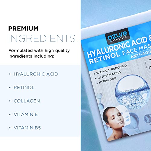 Azure Cosmetics Hyaluronic Acid & Retinol Face Mask - Dermatologist Tested - Rejuvenating & Hydrating Sheet Mask - Reduce Fine Lines & Wrinkles, Smooths & Repairs - Korean Skin Care - Pack of 5