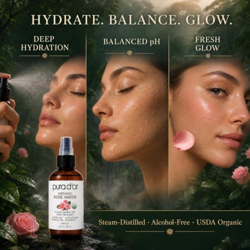 PURA D'OR Organic Rose Water Toner 4 oz | Hydrating Facial Spray