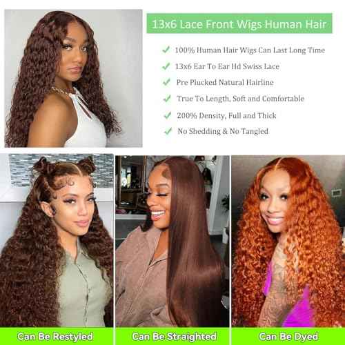 30 Inch Chocolate Brown Deep Wave Lace Front Wigs Human Hair 200 Density 13x6 HD Lace Frontal Wigs Wet and Wavy Curly Brown Color Human Hair Glueless Wig For Women Pre Plucked