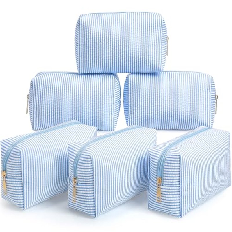 Sanwuta 6-Pack Seersucker Cosmetic Bags - Striped Makeup Pouches