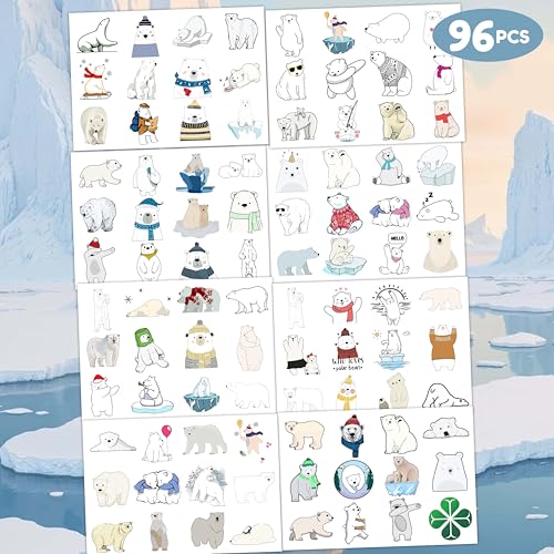 96PCS Polar Bear Temporary Tattoos ? Winter Arctic Theme Birthday Party Decorations, Cute Animal Stickers for Kids Boys Girls, Party Favors, School Prizes & Gifts