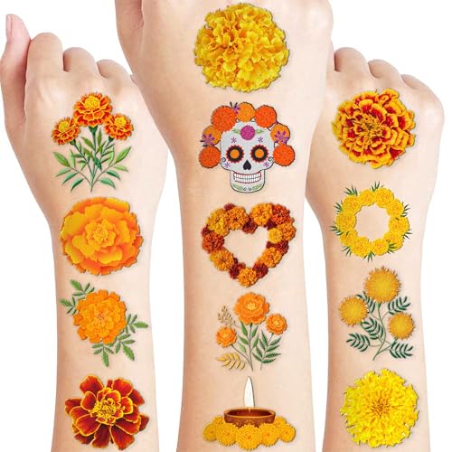 100 PCS Marigold Flower Temporary Tattoos | Day of Dead