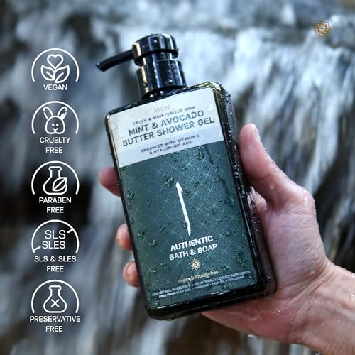 AUTHENTIC BATH & SOAP Sensitive Skin Body Wash ? Organic Mint Essential Oil & Avocado Butter ? Hydrating Shower Gel with Vitamin E & Hyaluronic Acid ? SLS Free, Moisturizing & Refreshing, 16.9 Fl Oz