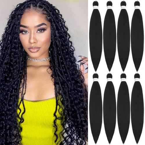 Braiding Hair Pre Stretched, 26 Inch 8 Pack Black Prestretched Braiding Hair For Women Braid Hair, Long Professional Synthetic Hair For Knotless Boho Crochet Braids,Yaki Straight Texture(26in,1b,8pc£©