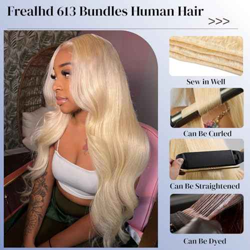 16A 613 Bundles Human Hair Blonde Body Wave 16 18 20 inch, 100% Real Human Hair No Synthetic Blended Sew in Quick Weave Bundles Human Hair Extensions Double Weft, Triple Lifespan 3X, Can Be Dyed