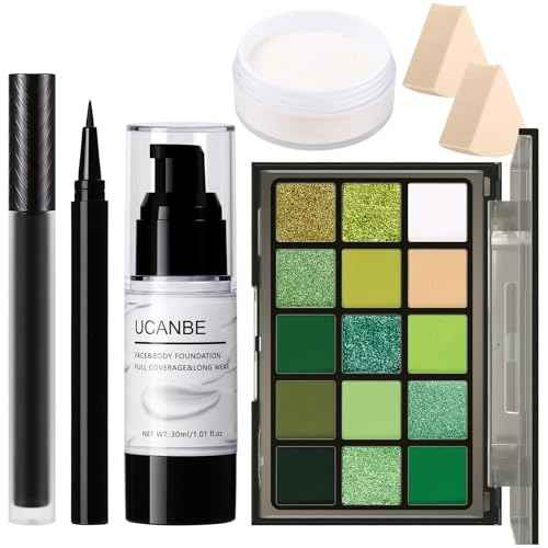 UCANBE Green Halloween Makeup Kit ? Zombie Witch Beetle Juice Monster Makeup Set for SFX Costume Cosplay with Eyeshadow Palette, White Foundation, Black Lipstick,Eyeliner, Setting Powder & Sponges