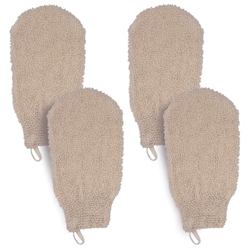 (4 Pack) Natural Exfoliating Cotton Bath Mitt Shower Gloves Loofah Washcloth Sponge Machine Washable Body Scrubber (Gentle Ramie)