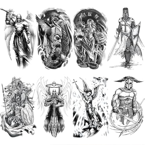 Warrior Temporary Tattoos for Men, 8 Sheets Waterproof