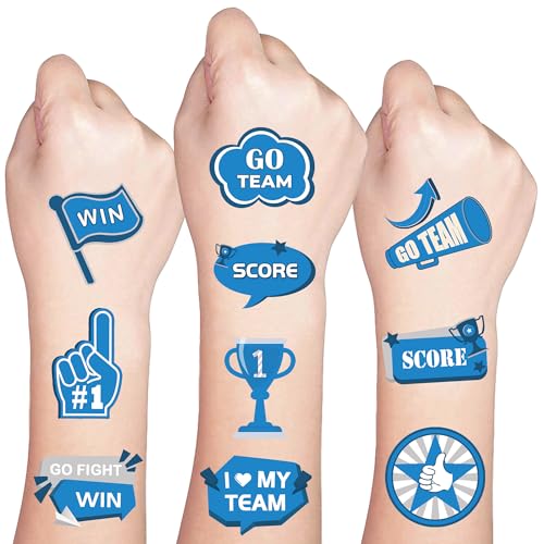 Y&C TENCOB Blue Team Spirit Tattoos Temporary -100Pcs 20 Styles | Go Team Tattoos School Spirit Stickers for Classroom Cheerleading Football Basketball Baseball Sports Games (Blue)