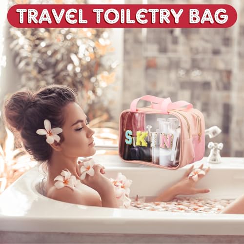 Geetery Chenille Letter Patch Makeup Bag with Handy Handle - Preppy Nylon Cosmetic Organizer with Zipper, Large Travel Toiletry Storage Bag for Women Portable Pink Makeup Case, Women Gifts