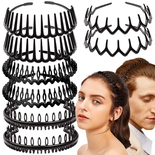 Dazzhues 8 PCS Fashion Non Slip Plastic Headbands with Teeth Comb Skinny Hair Band Effortless Unisex Headwear Hair Accessory for Women Men Teens Girls Decorations (Bright Black)