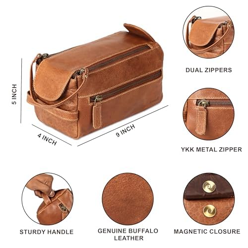 KomalC Premium Buffalo Leather Toiletry Bag for Men & Women With Water resistant Lining, Grooming Travel Pouch, Unisex Wash Bag for Toiletries, Gifts for Men and Women