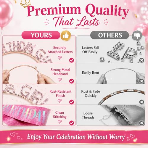 Pink Glitter Birthday Sash and Tiara Set for Women