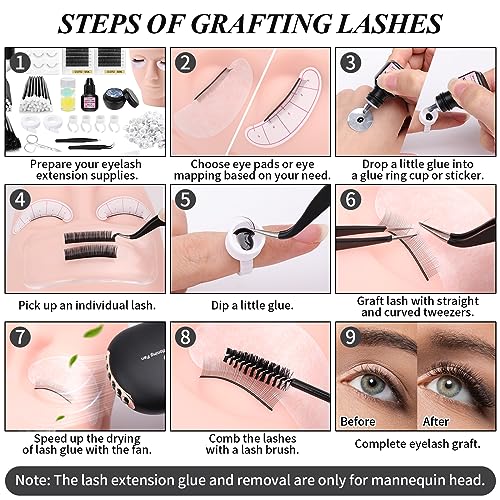 Eyelash Kit for Lash Extension, Lash Tech Supplies with Mannequin Practice Head, Lash Cluster, Lash Extension Glue, Eyelash Remover, Fan, Tweezers, Lash Training Tools Set for Beginners at Home