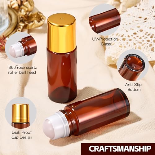 Rose Quartz Essential Oil Roller Bottles - 50ml Refillable Amber Glass (2 Pack)