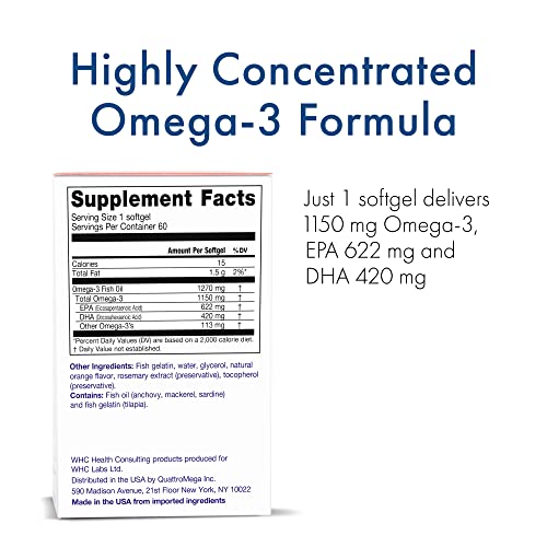 WHC UnoCardio X2 High Potency Omega-3 Fish Oil 1150mg - 60 Softgels