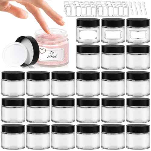2 oz Clear Glass Jars with Lids 24Pack, Small Jars with Inner Liners for Sample, Powder, Cream, Lotion and Ointments with Stickers & Spatulas Included