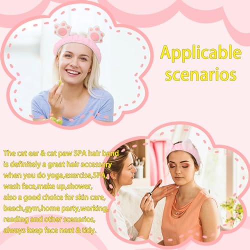 NENMATTE Cat Ears Spa Headband Plush Cat Paw Makeup Headband for Women Girl,Fluffy Wash Face Hair Bands Cartoon Cute Headbands 2 Pcs Microfiber Soft Coral Fleece Skincare Hair Bands…