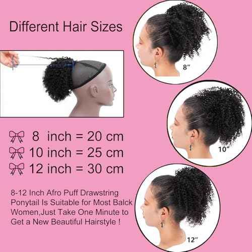 VADES Curly Clip in Hair Extensions Ponytail Afro Puff Drawstring Ponytail for Black Women 100% Real Hair Ponytail Extension #1B Natural Black Color 12 inch With 3 Stable Combs