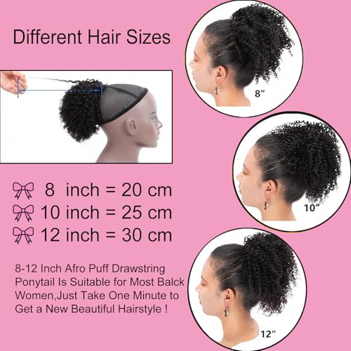 VADES Curly Drawstring Ponytail Human Hair Extension Kinky Curly Hair Ponytail 100% Human Hair Fake Ponytail Clip in Ponytail Wig#1 Jet Black 10 inch With 3 Stable Combs