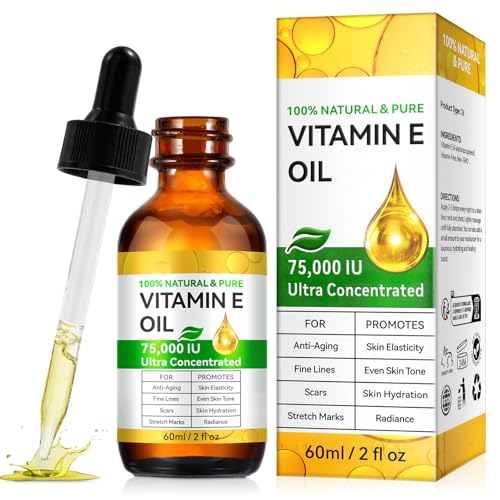 Vitamin E Oil 75,000 IU, Vitamin E Oil for Skin, Scars, Face & Full Body, Moisturize Dry Skin and Radiant Skin, Body Bath Oils, Organic Pure Easy to Absorb