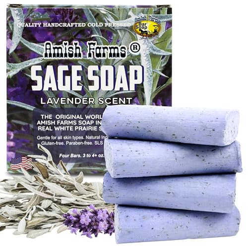 Amish Farms Sage Soap Bar, Original Recipe with Bentonite Clay, Lavender Scent ? Handmade in USA, Face & Body Soap Scrub, No Parabens, No SLS, Gentle for Sensitive Skin (4 Bars)