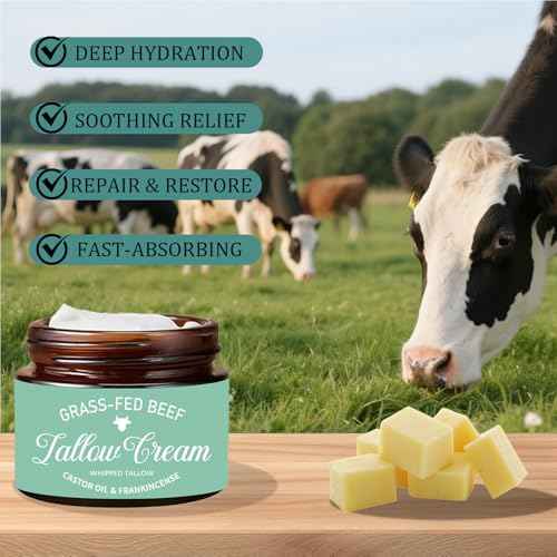 Organic Grass Fed Whipped Tallow Cream with Castor Oil & Frankincense Oil, All-Natural Moisturizer, Hydrating Beef Tallow Moisturizer Cream and Manuka Honey Balm for Skin (1)