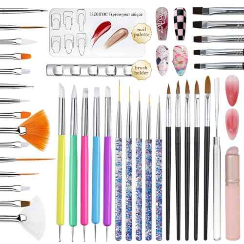 39 PCS Nail Art Brushes Set,Nail Art 3D Sculpting Pen Dotting Tools,Ombre Silicone Brush,Liner Brushes,Acrylic Brushes,Nail Art Palette with Gel Mixing Rod,Nail Design Kit for Home Diy & Salon
