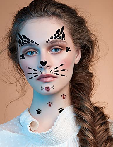 Crystal Cat Face Jewels Gems Sticker Tattoo - 4 Sheet Set