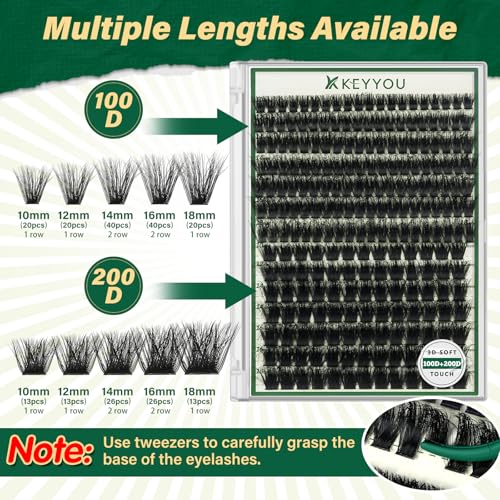 KEYYOU LASH Clusters Kit 3D Effect 231pcs Eyelash Clusters 100D200D Mix 10-18mm D Curl Individual Lash Extension Kit Wispy Natural Volume Cluster Lashes Soft (3D Kit-100D200D-D-10-18MIX)