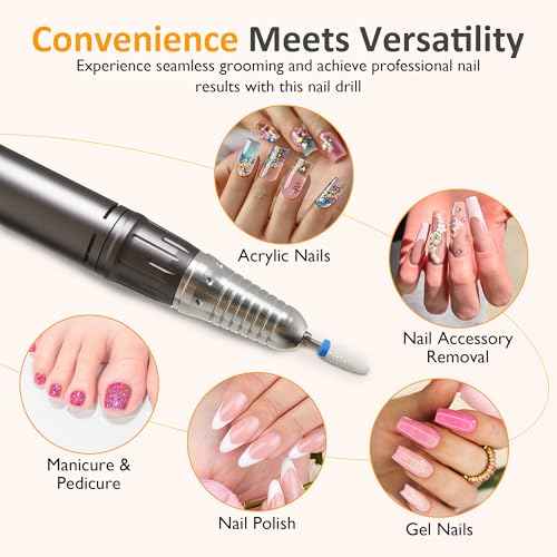 Sunvivi 40000RPM Electric Nail Drill, Rechargeable Nail File Set for Acrylic Nails Gel Polishing, Professional Nail E File Manicure Pedicure Tools with Nail Drill Bits for Home Salon Use