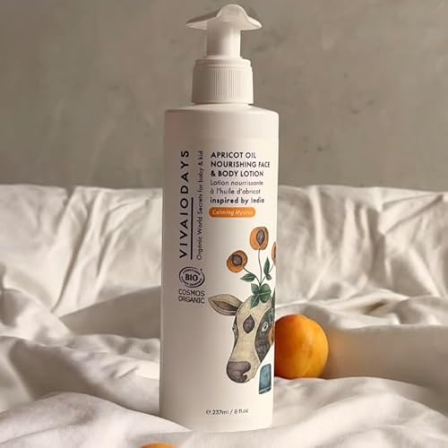 VIVAIODAYS Organic Apricot Oil Face & Body Lotion for Baby & Family | Nourishing, Soothing, Fast-Absorbing Moisturizer with Aloe & Olive Oil | Gentle Daily Hydration, Big Bottle with Pump, 8 fl. oz.