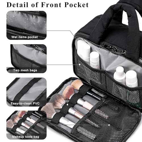 CAMTOP Travel Toiletry Bag for Women Travel Toiletry Organizer Lightweight Large Wide-open Makeup Bag Large Capacity Qulited Cosmetic Bag Puffy for Essentials Organizer (Black)