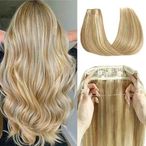 Hair Extensions 16 Inch Hair Extensions Real Human Hair Light Blonde to 613 Blonde Straight Hair Extensions Human Hair Extensions Hidden Wire Hair Extensions Transparent Fish Line Invisible Hairpiece