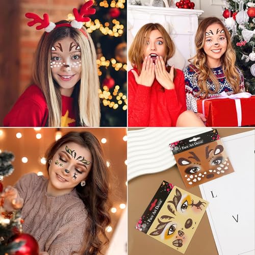 Elk Face Stickers Christmas Reindeer Temporary Tattoo Gems 2PC