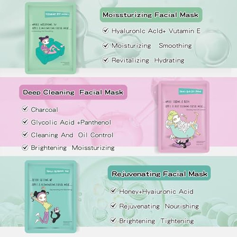 Face Masks Skincare Set for Girl,Moisturizing Collagen Facial Masks for Women Home Spa,Hyaluronic Acid Face Mask for All Skin Types,Day Night Facial Mask Hydrating,Deep Cleaning,Oil Contral(12Pack)