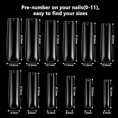 INENK 3XL Tapered Square Full Cover Nail Tips,360Pcs Clear XXXL Extra Long Straight Nail Tips for Acrylic & Press On nails, Manicure Tools Salon Home DIY (12 Sizes)