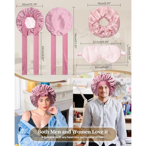 100% Mulberry Silk Bonnet for Sleeping Women Silk Hair Bonnet Elastic Tie Band Hair Wrap with Silk Hair Scrunchies and Silk Sleep Eye Mask(Bean Paste+Pink)