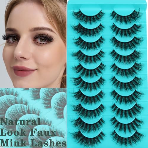 False Eyelashes Natural Cat Eye Lashes Lightweight 10 Pairs C Curl Wispy Eyelashes Curly 3D Faux Mink Eyelashes Pack (Natural B1)